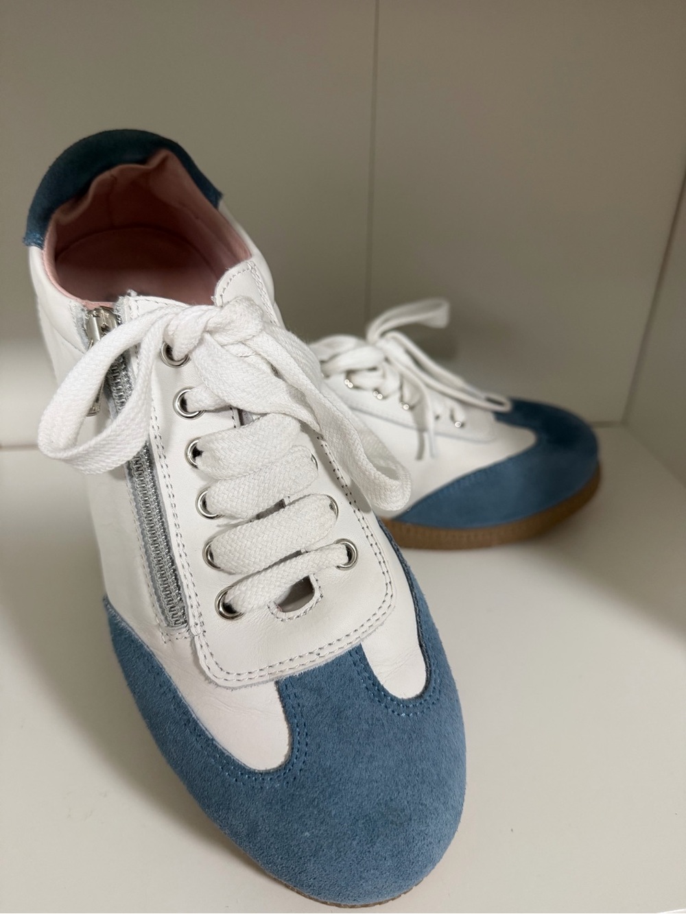 White Leather Sole Bliss Sneakers with Blue Suede Trim and Side Zip